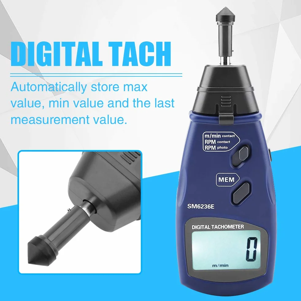 Akozon Tacómetro Probador de contacto, Almacenamiento automático de datos, Retener Fotoeléctrico Modo, Distancia 50 mm ~ 500 mm, Pantalla LCD grande