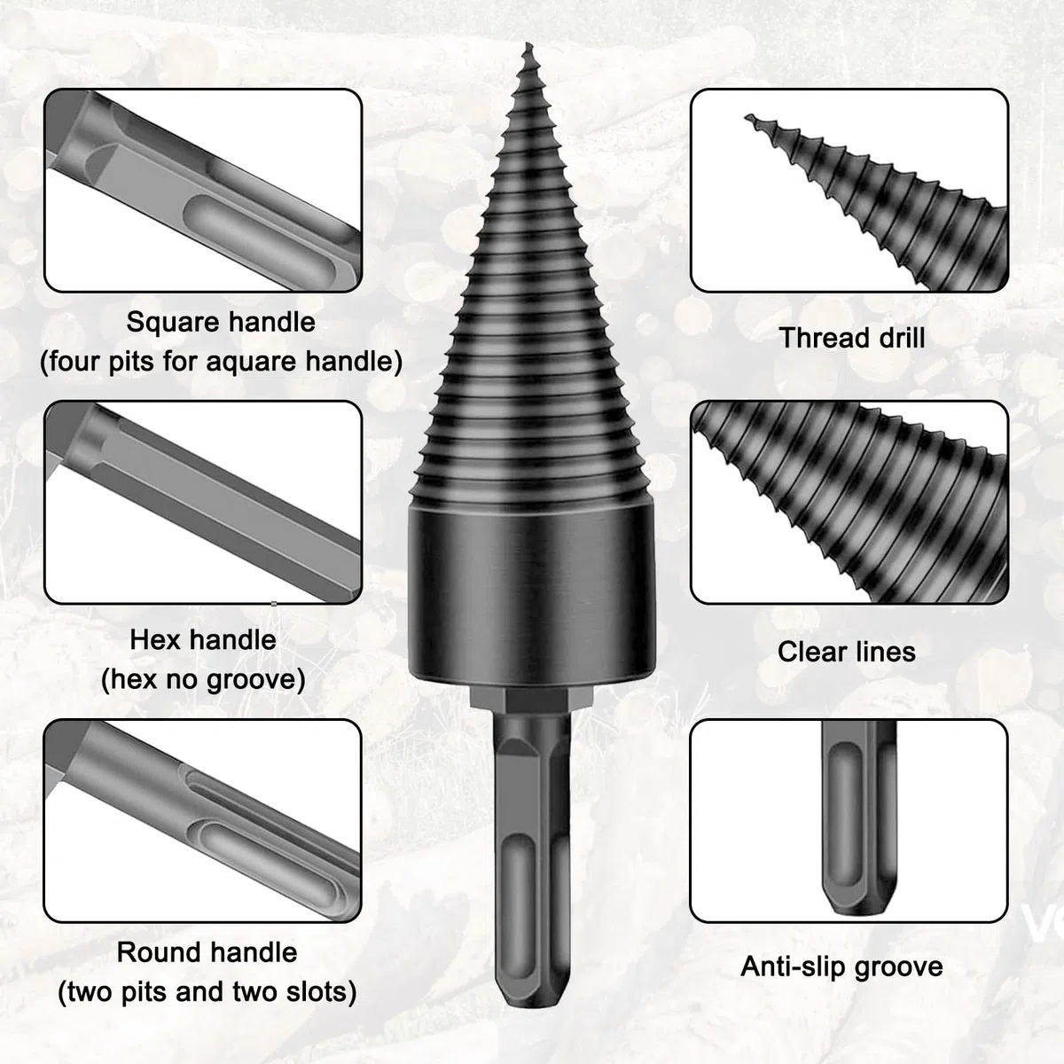 32+42 Mm Astilladora de Troncos Broca Cónica,Divisor de Leña,Madera Dividida Divisor para Taladro con 5 Mangos y un par de Guantes