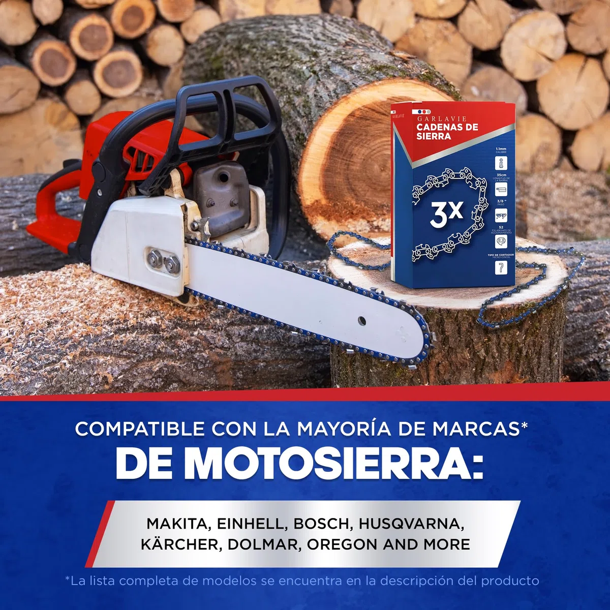 Juego de 3 cadenas de motosierra 35cm - 3/8" LP Paso - 1.3mm - 52 Eslabones motrices - Cadena de sierra con brazo antirretorno compatible con muchas marcas de motosierra