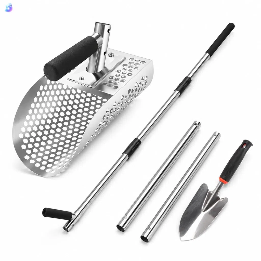 Cuchara de arena de playa de acero inoxidable 304, mango largo de 56 pulgadas, pala detector de metales desmontable para tamizar arena y caza del tesoro, viene con una pala de arena de acero