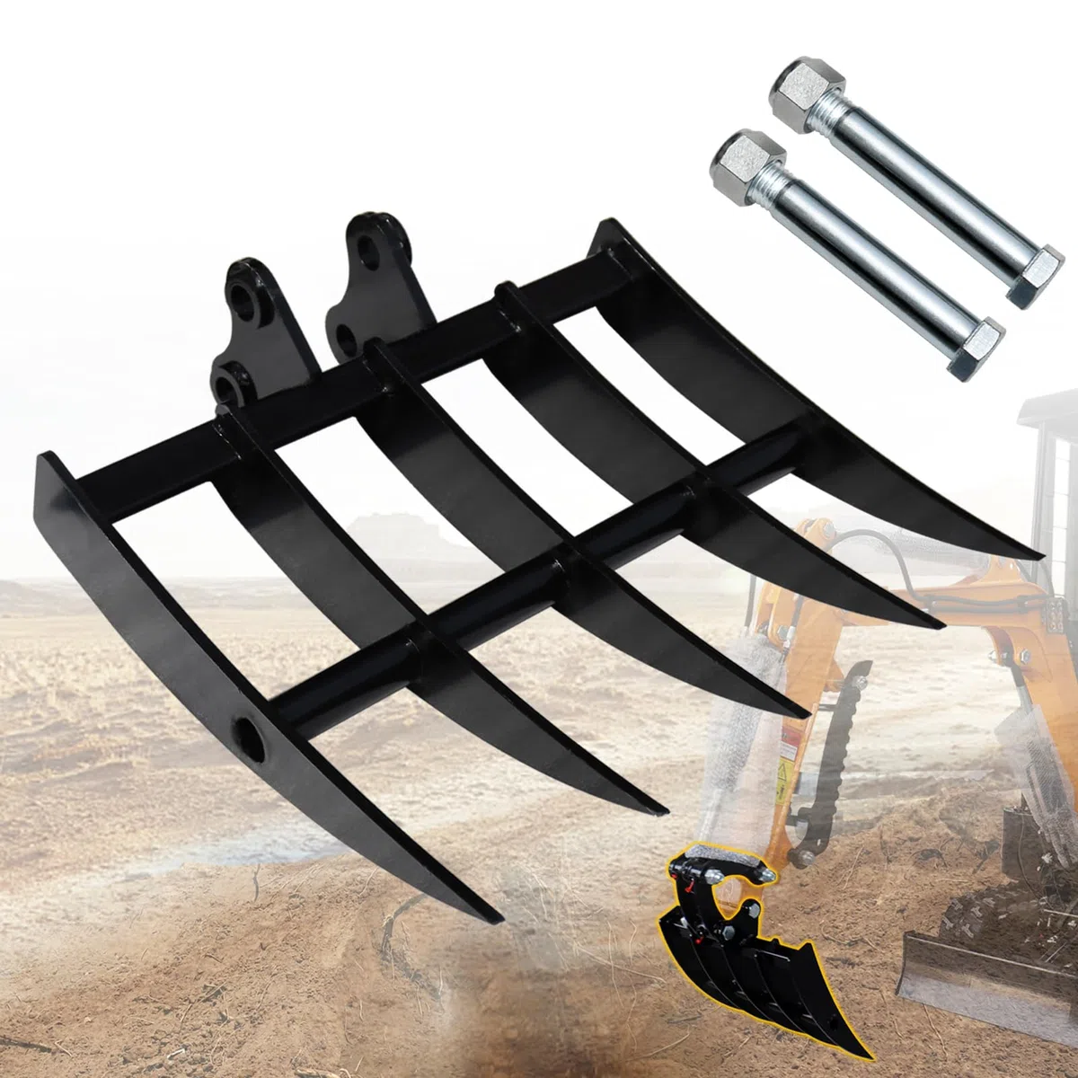 Rastrillo de excavadora de metal ancho para mini excavadoras, accesorios de excavadora con diámetro de orificio de 25 mm y envergadura de 90 mm