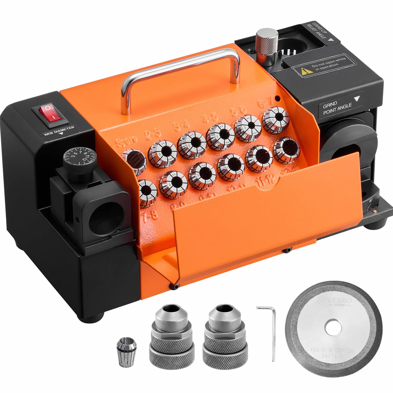 VEVOR Afilador de Brocas MR-13A de 3 a 15 mm, con Ángulo de Punta Ajustable de 95° a 135°, Alta Velocidad de 4600 RPM, con 13 Pinzas y Rueda de CBN para Talleres y Garajes, 290 x 140 x 160 mm