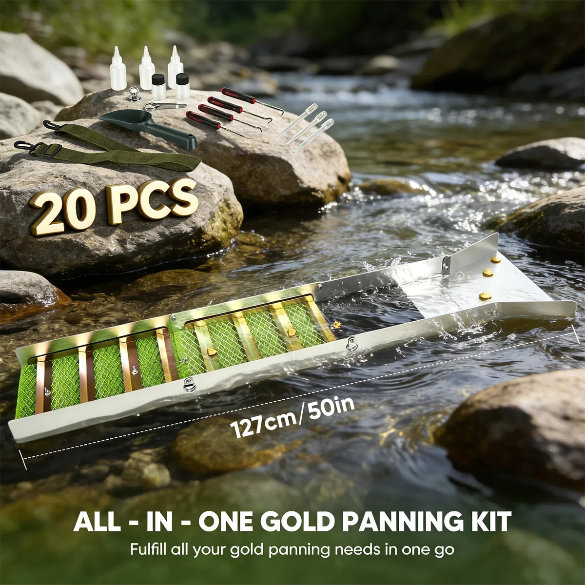 Juego completo de lavado de oro de 17 piezas, lavamanos de oro portátil con caja de esclusa plegable de 50 pulgadas y canalones de aleación de aluminio para búsqueda de oro en arroyos de ríos