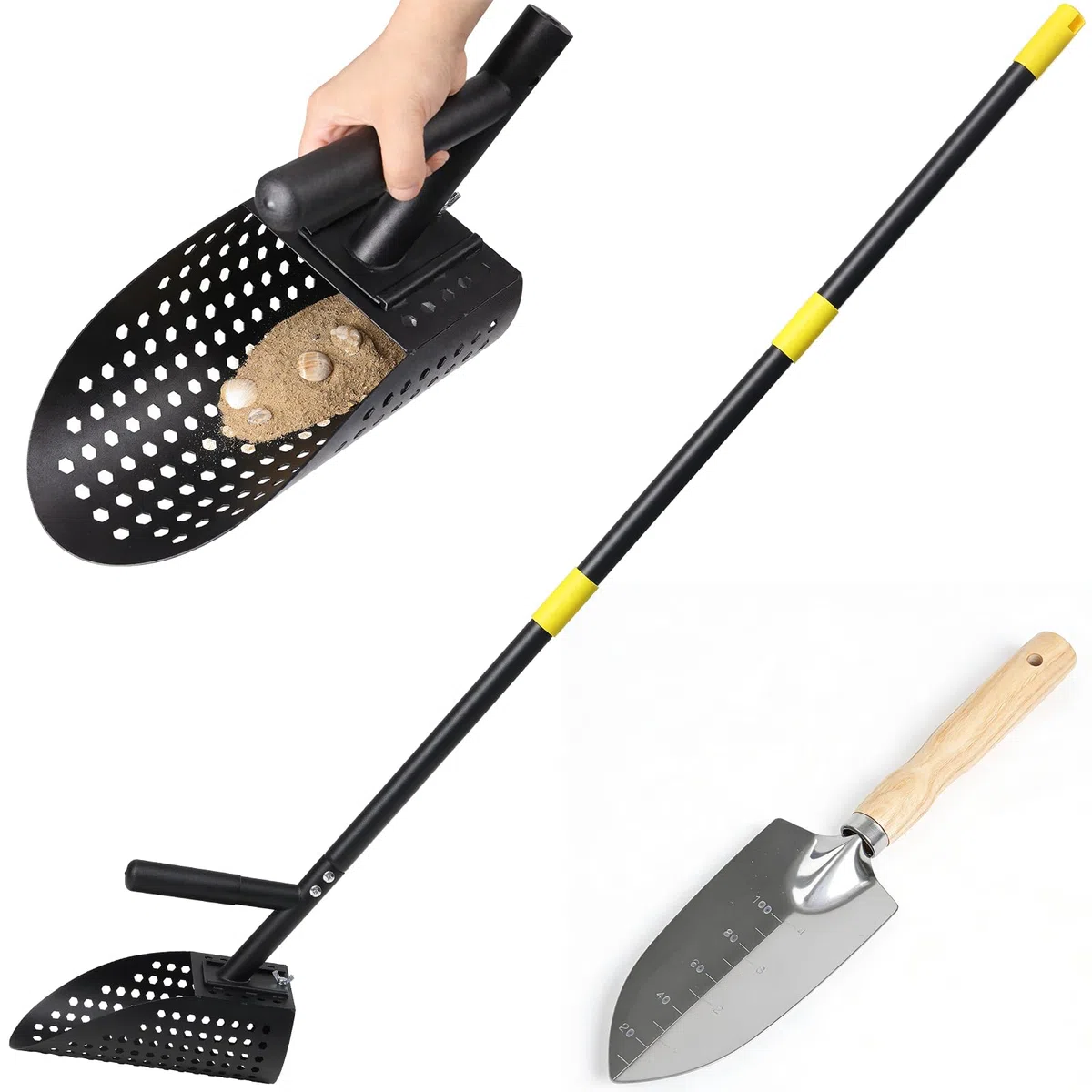 Pala de arena para detección de metales de 162 cm, pala detector de metales ajustable, pala de detector de metales de acero inoxidable con mango largo de acero, herramienta de pala de detección de