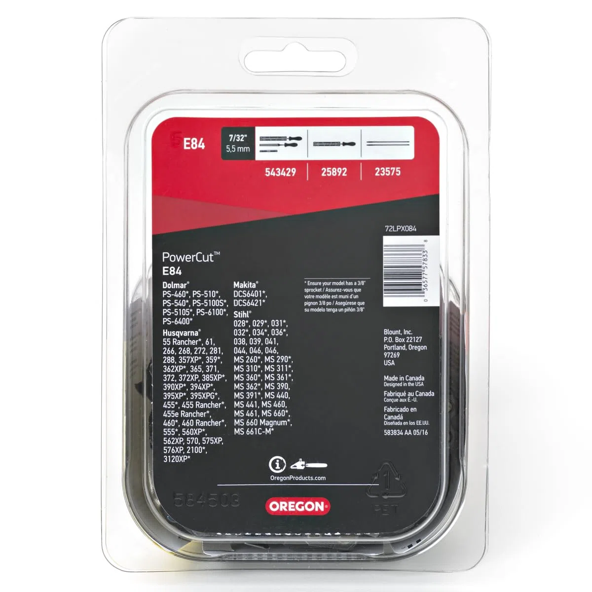 Oregon B84 - Cadena de motosierra profesional de cincel completo para barra de 24 pulgadas, 84 eslabones de transmisión, calibre de 0.50 pulgadas, paso de 3/8 pulgadas, 72EXL, se adapta a Husqvarna,