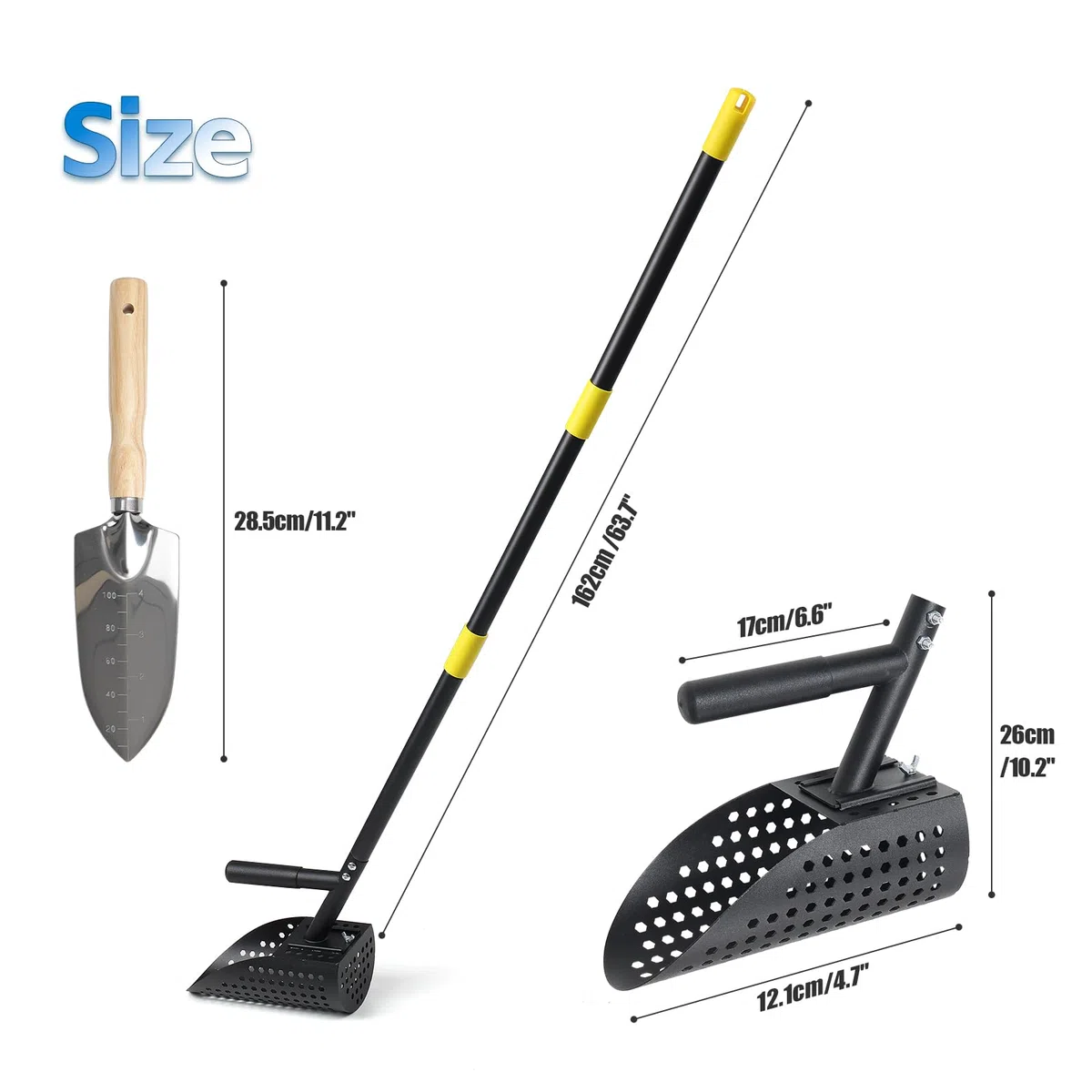 Pala de arena para detección de metales de 162 cm, pala detector de metales ajustable, pala de detector de metales de acero inoxidable con mango largo de acero, herramienta de pala de detección de