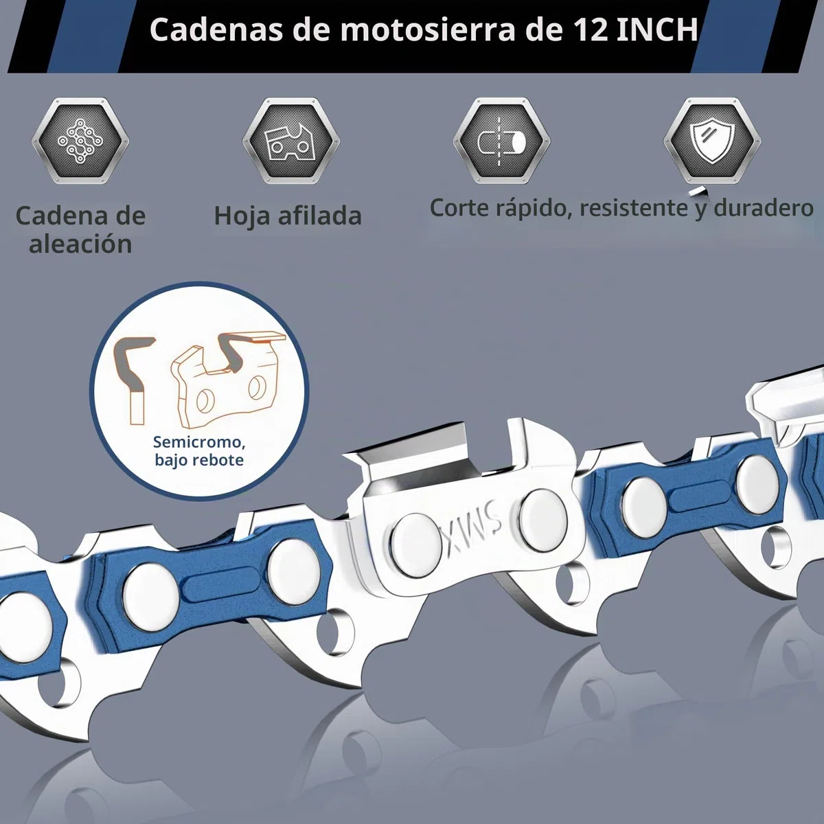 3 Cadena de Motosierra 12 Pulgadas (30cm) con Caja de Plástico, Motosierra Sierra Cadena 3/8" LP, 44 Eslabones, 1.3mm (0.050"), Cadena Motosierra de Repuesto para Espadas de 30cm