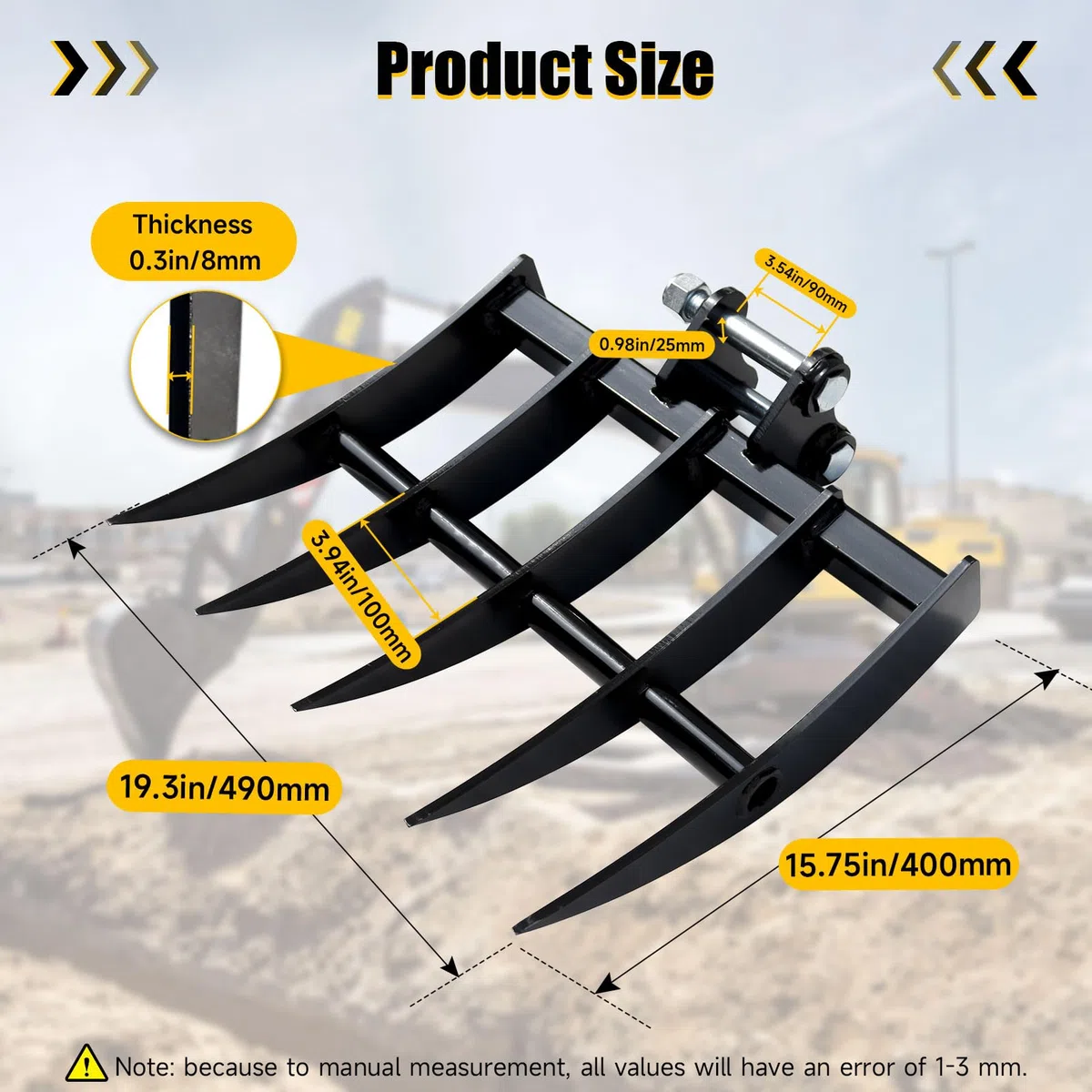 Rastrillo de excavadora de metal ancho para mini excavadoras, accesorios de excavadora con diámetro de orificio de 25 mm y envergadura de 90 mm