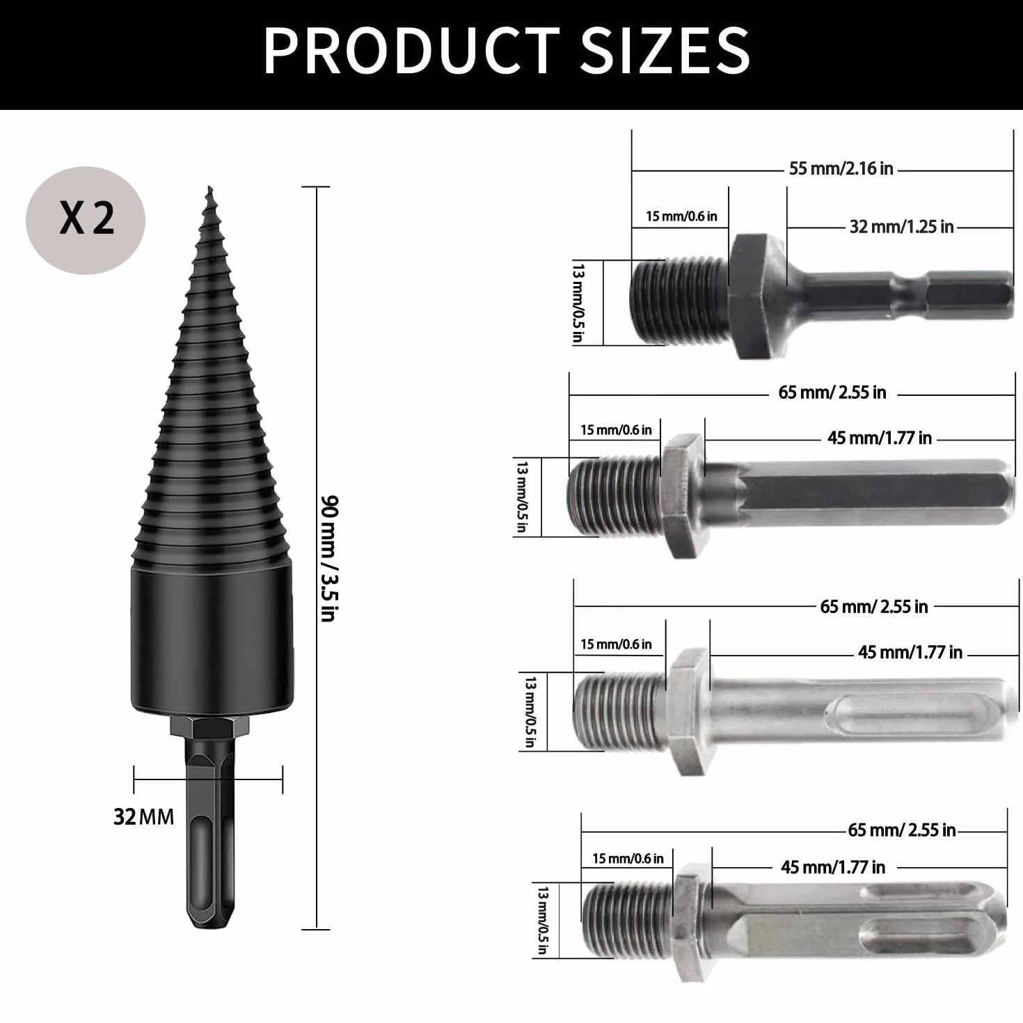 2pcs Taladro Divisor de Leña, 32mm Divisor de Troncos, Broca en Forma de Cono para Cortar la Leña por la Mitad, Astilladora de Troncos Broca Cónica