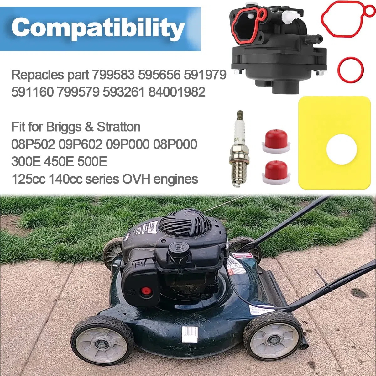 ZAMDOE 799583 Carburador de cortacésped para motores Briggs & Stratton 300E 450E 500E OVH 125cc 140cc 08P502 09P602 Series reemplaza 591160 595656 591979 593261
