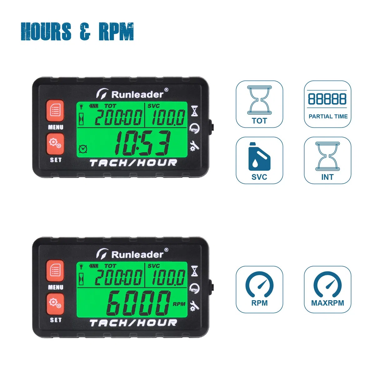 Runleader Horas de mantenimiento digital Tacómetro, reloj y pantalla de retroiluminación, batería reemplazable para tractor de jardín, compresor, soplador de hojas, jetski, ATV, motor(058B, RD)