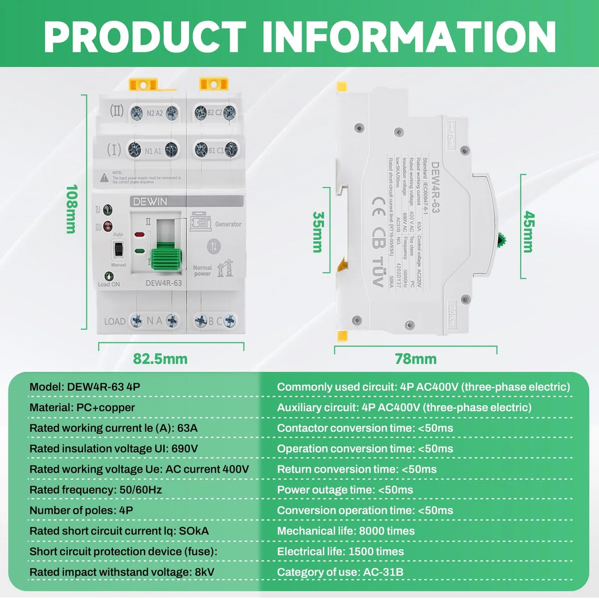 Interruptor de Transferencia Automático, ATS 4P 63A 400V Dual Power Automatic Transfer Switch Trifásico de 4 Hilos Conmutador de Transferencia Automática de Corriente de Emergencia, G2R