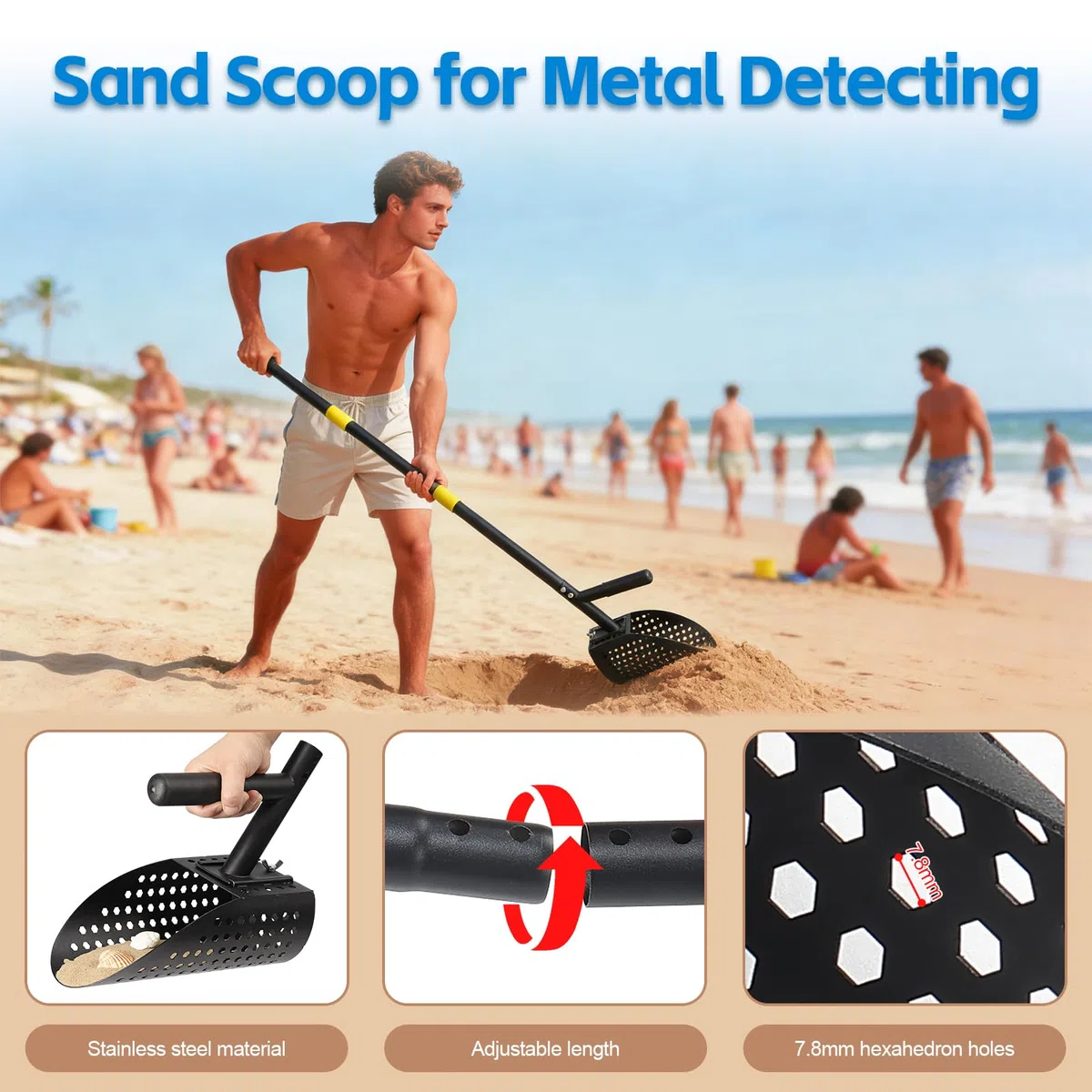 Pala de arena para detección de metales de 162 cm, pala detector de metales ajustable, pala de detector de metales de acero inoxidable con mango largo de acero, herramienta de pala de detección de