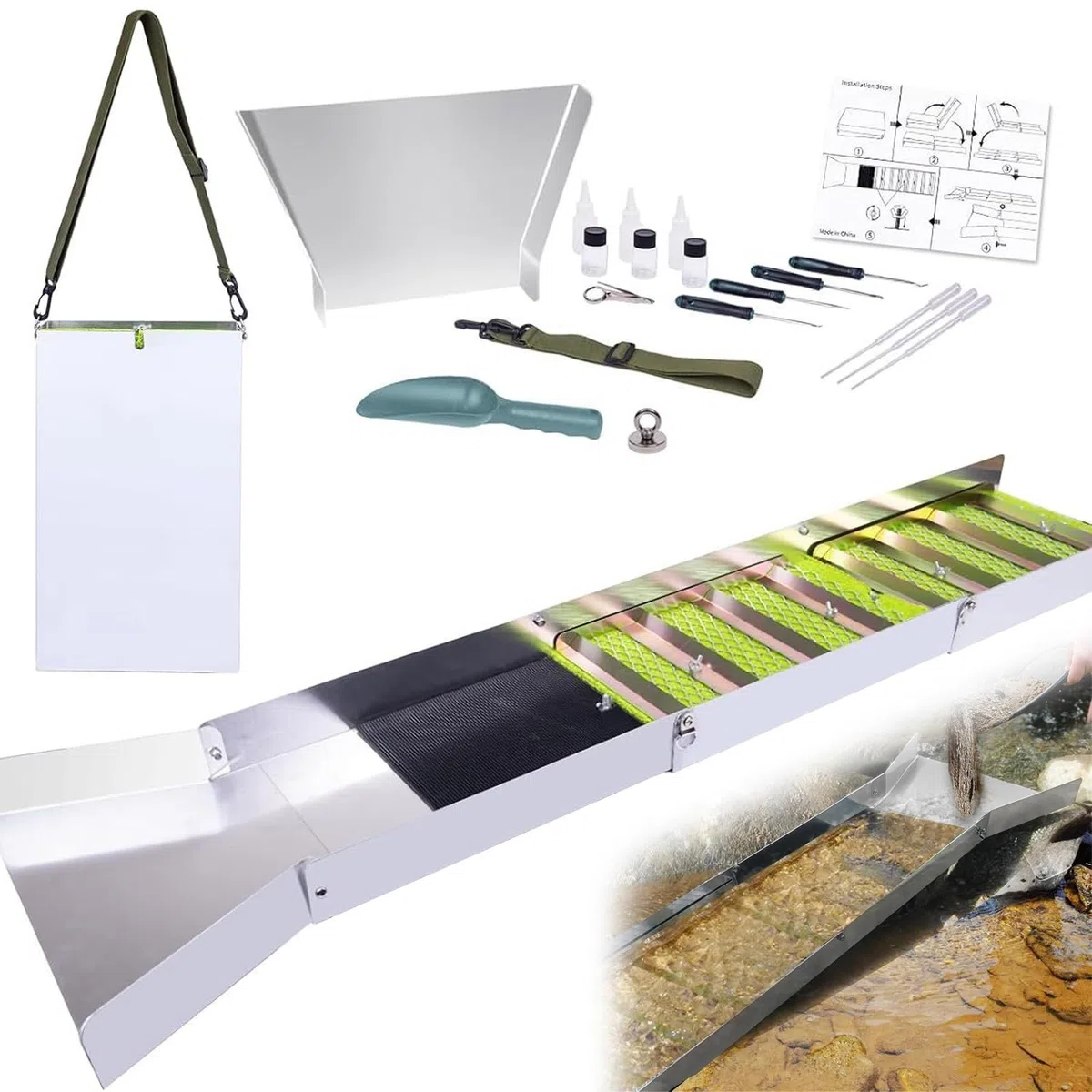 17 Piezas Juego Completo Lavar Oro, Planta Portátil Lavar Oro con Caja Esclusa Plegable 50 Pulgadas, Juego Completo Canaletas Lavar Oro Aleación Aluminio Extracción Arroyos, Lavado Oro y Prospección