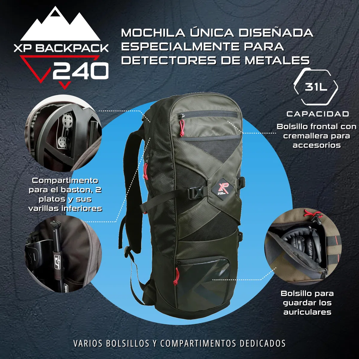Mochila XP Metal Detectors 240, Mochila Ligera y Robusta Especialmente diseñada para detectores de Metales, ergonómica y cómoda con más de 10 Bolsillos y Compartimentos dedicados (XPBACKPACK240)