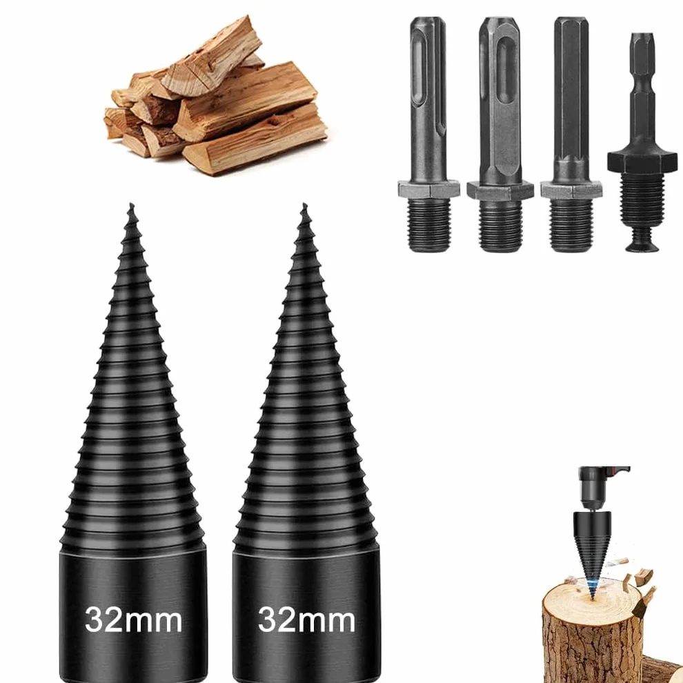 2pcs Taladro Divisor de Leña, 32mm Divisor de Troncos, Broca en Forma de Cono para Cortar la Leña por la Mitad, Astilladora de Troncos Broca Cónica
