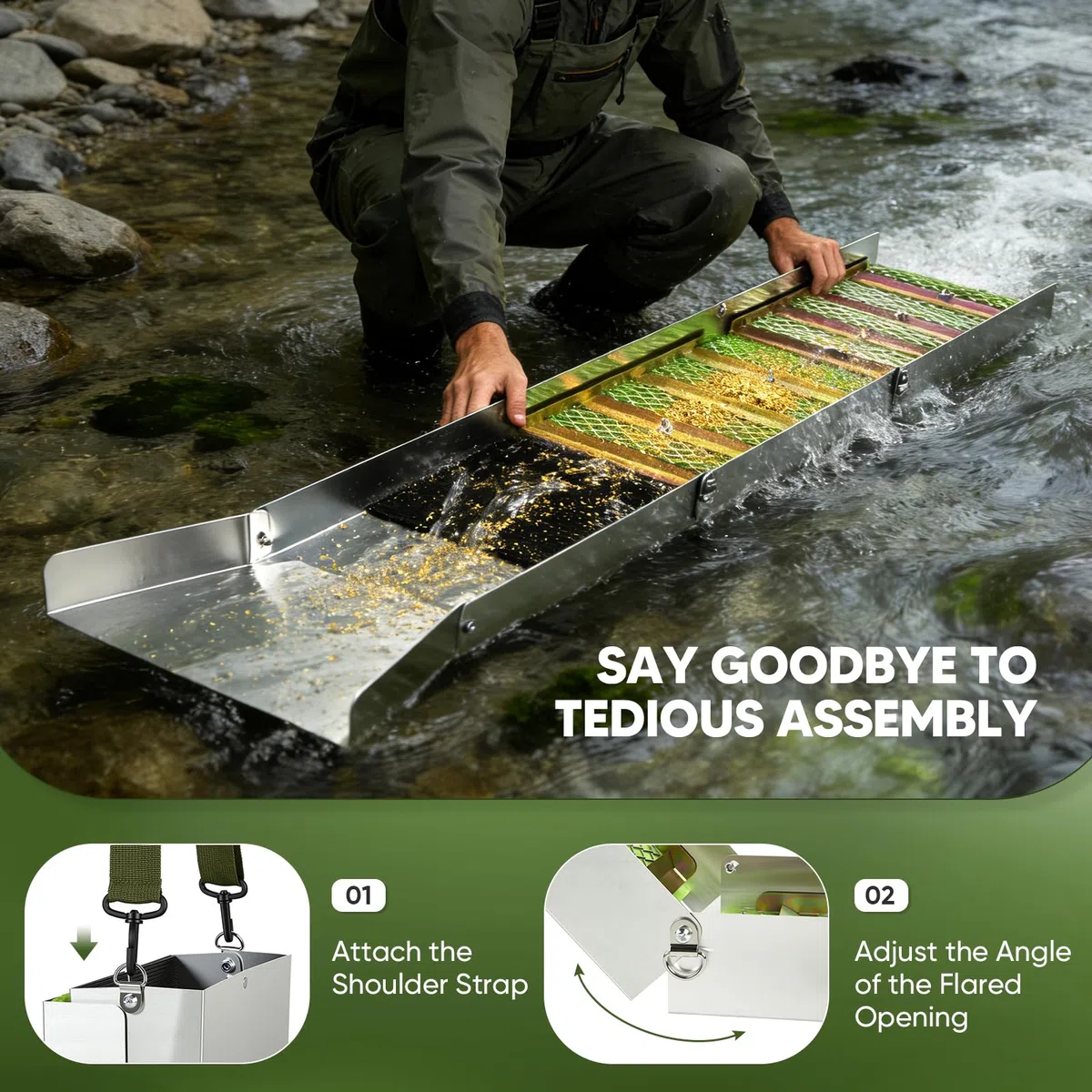 Juego completo de lavado de oro de 17 piezas, lavamanos de oro portátil con caja de esclusa plegable de 50 pulgadas y canalones de aleación de aluminio para búsqueda de oro en arroyos de ríos