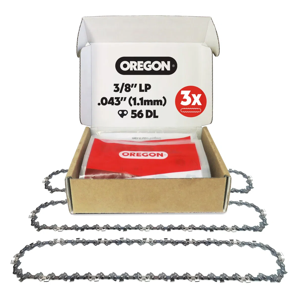 Oregon Pack de 3 Cadenas de Motosierra de Paso 3/8 LP, Calibre .043" (1,1 mm) para Espada de 16" (40 cm), 56 Eslabones Motrices – Cadena de Repuesto, Compatible con Makita, Dewalt, Husqvarna y más