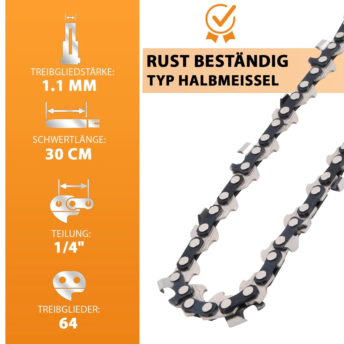 4 cadenas de sierra de 30 cm, 1/4 pulgadas, 1,1 mm, 64 eslabones motrices, cadena de motosierra compatible con motosierras Stihl 3670 000 0064 MSA 160 ms, MSA 60, MSA 70, MSA 120, MSA 140, MSA