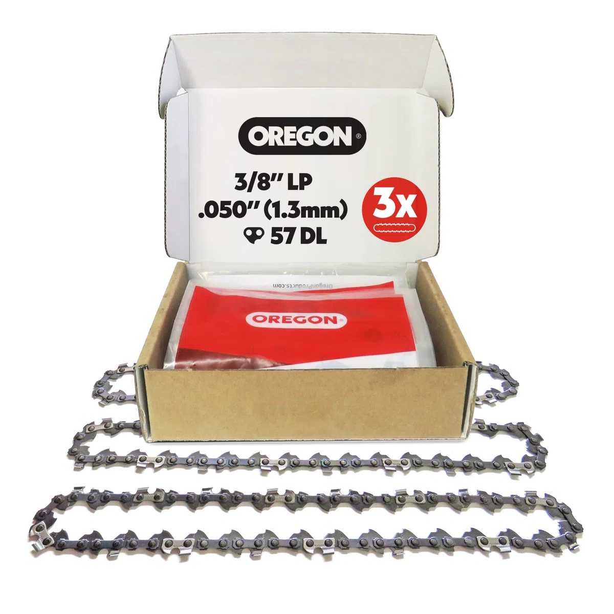 Oregon Pack de 3 Cadenas de Motosierra de Paso 3/8" LP, Calibre .050" (1,3 mm) para Espada de 16" (40 cm), 57 Eslabones Motrices – Cadena de Repuesto, Compatible Titan, Ryobi, Hawksmoor, Ferrex y más