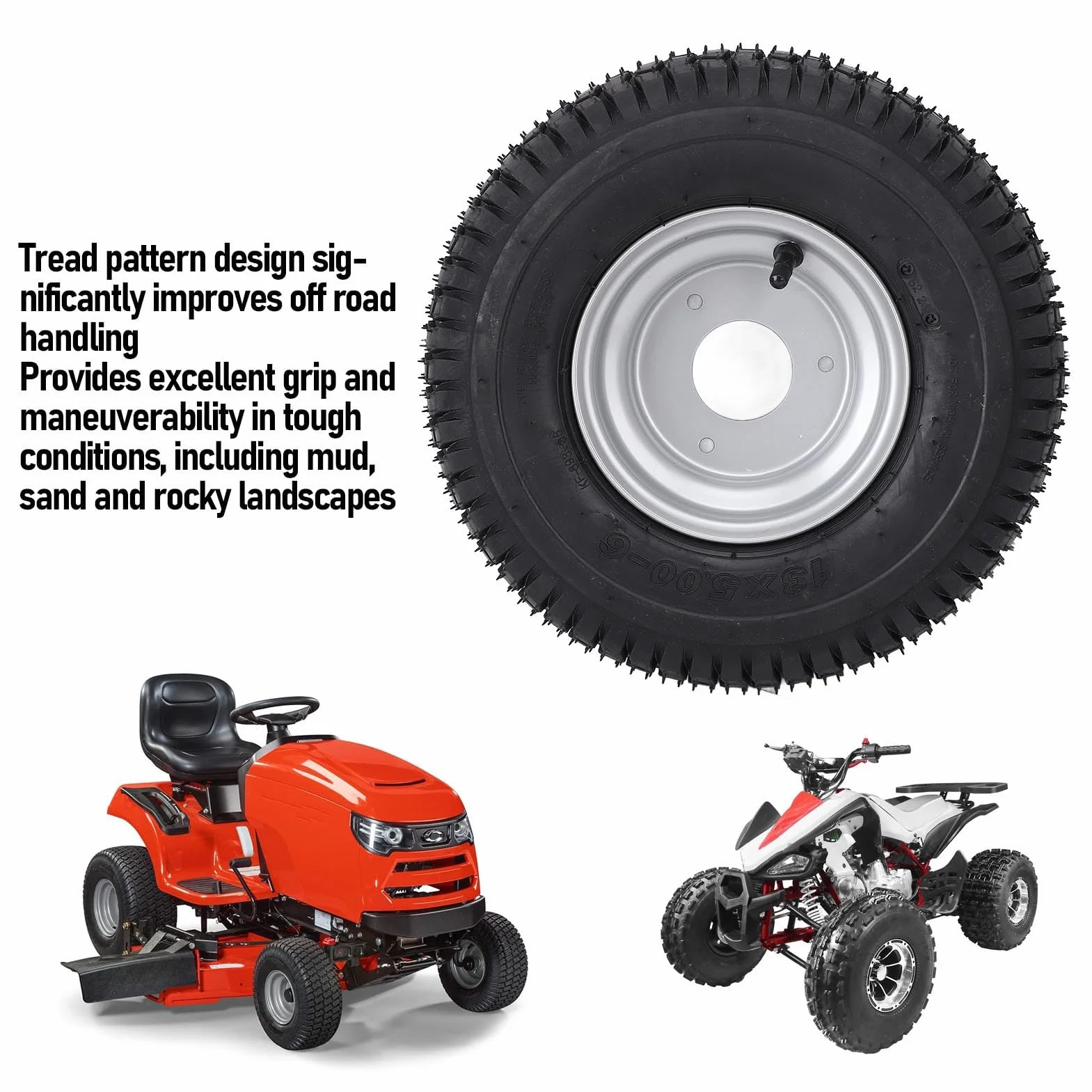 Luocute Neumático ATV de 6 Pulgadas, Neumático de Vacío 13x5.00-6 para Cortacésped del Césped de Bicicleta ATV Quad Off Road GO Kart, Llanta de 13/5.00-6 Rueda con Llanta de 6 Pulgadas,
