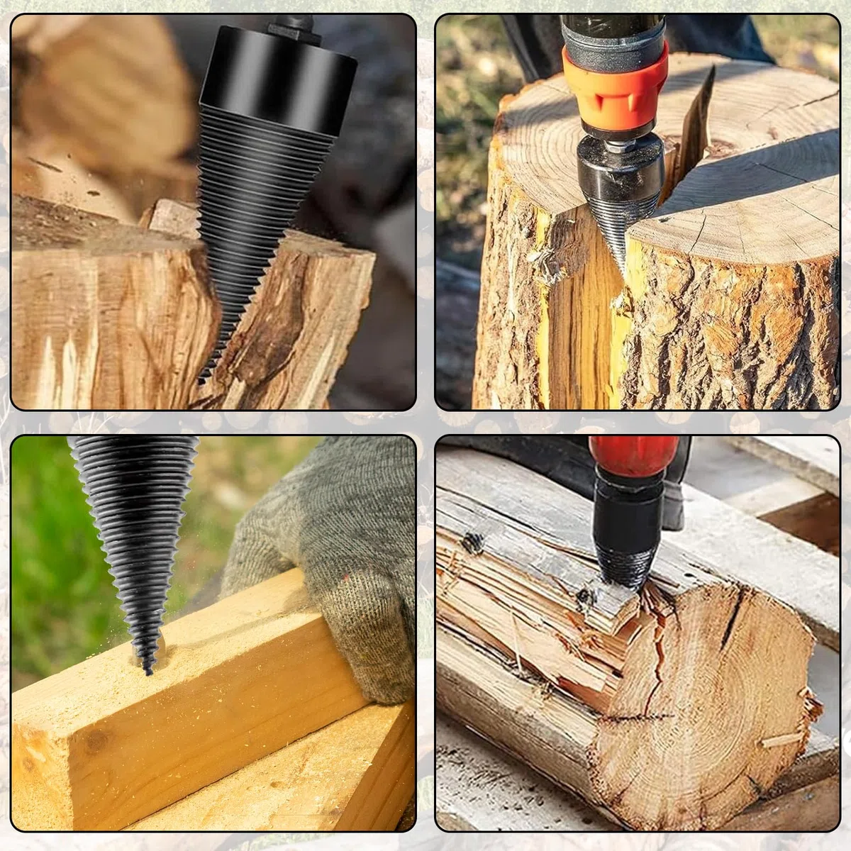 32+42 Mm Astilladora de Troncos Broca Cónica,Divisor de Leña,Madera Dividida Divisor para Taladro con 5 Mangos y un par de Guantes