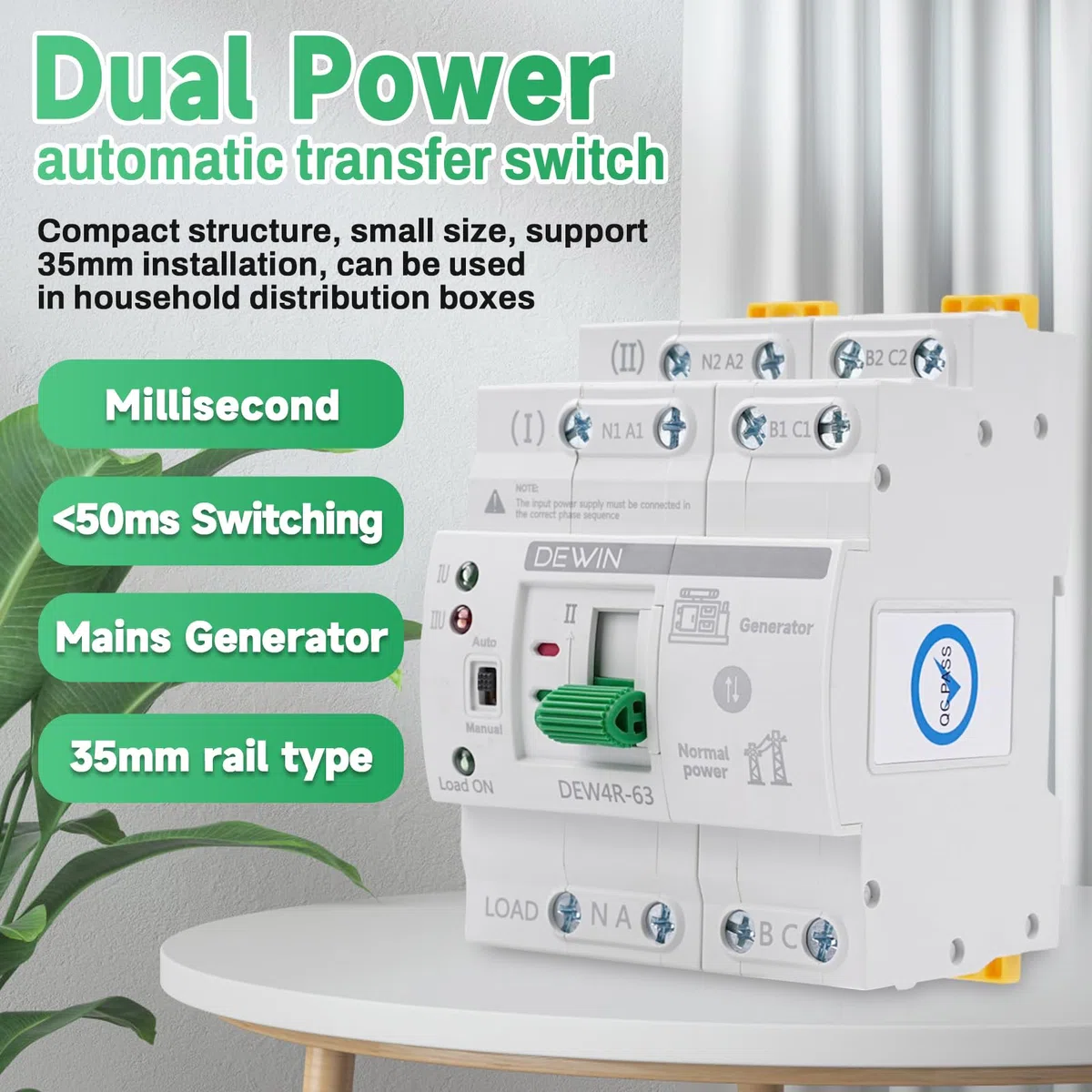 Interruptor de Transferencia Automático, ATS 4P 63A 400V Dual Power Automatic Transfer Switch Trifásico de 4 Hilos Conmutador de Transferencia Automática de Corriente de Emergencia, G2R