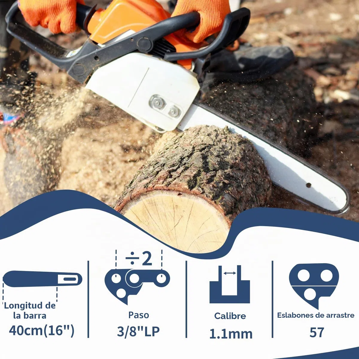 3 Cadena de Motosierra 16 Pulgadas(40cm), Motosierra Sierra Cadena 3/8" LP, 56 Eslabones, 1.1mm (0.043"), Cadena de Motosierra de Repuesto Cadena Motosierra para Bosch, Dolmar, Parkside