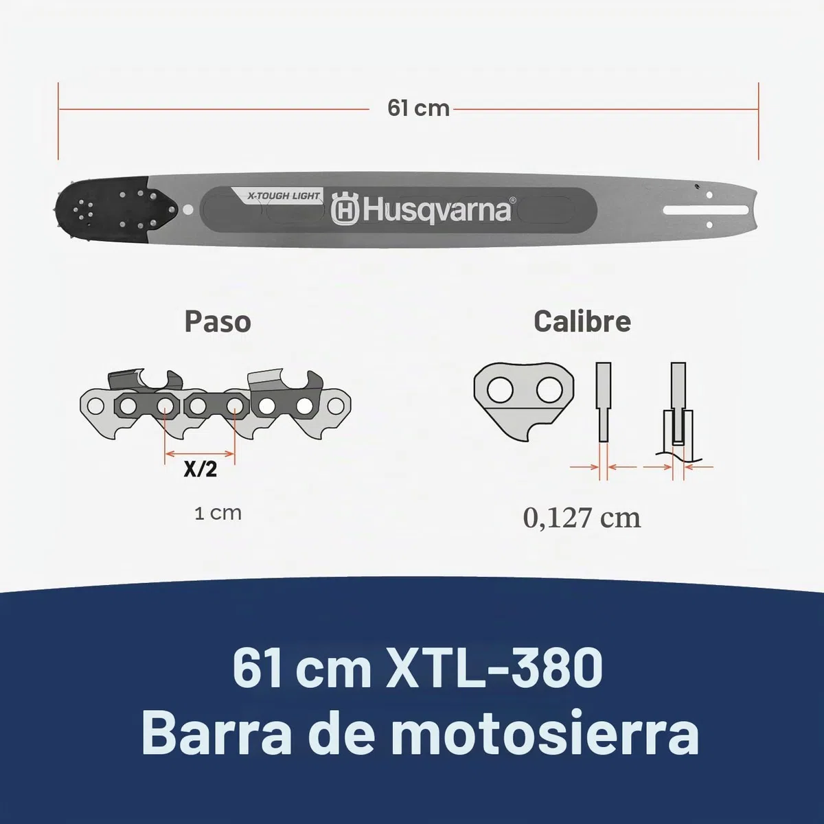 Husqvarna X-Tough Light - Barra de motosierra de 24 pulgadas, paso de 3/8 pulgadas, calibre de 50 pulgadas y 84 eslabones de transmisión