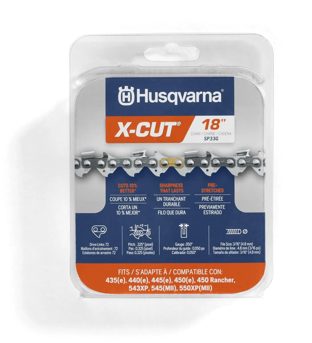 Husqvarna X-Cut SP33G - Cadena de motosierra de 18 pulgadas, paso de 325 pulgadas, calibre 50 pulgadas, 72 eslabones de transmisión, repuesto de hoja de motosierra preestirada con lubricación superior
