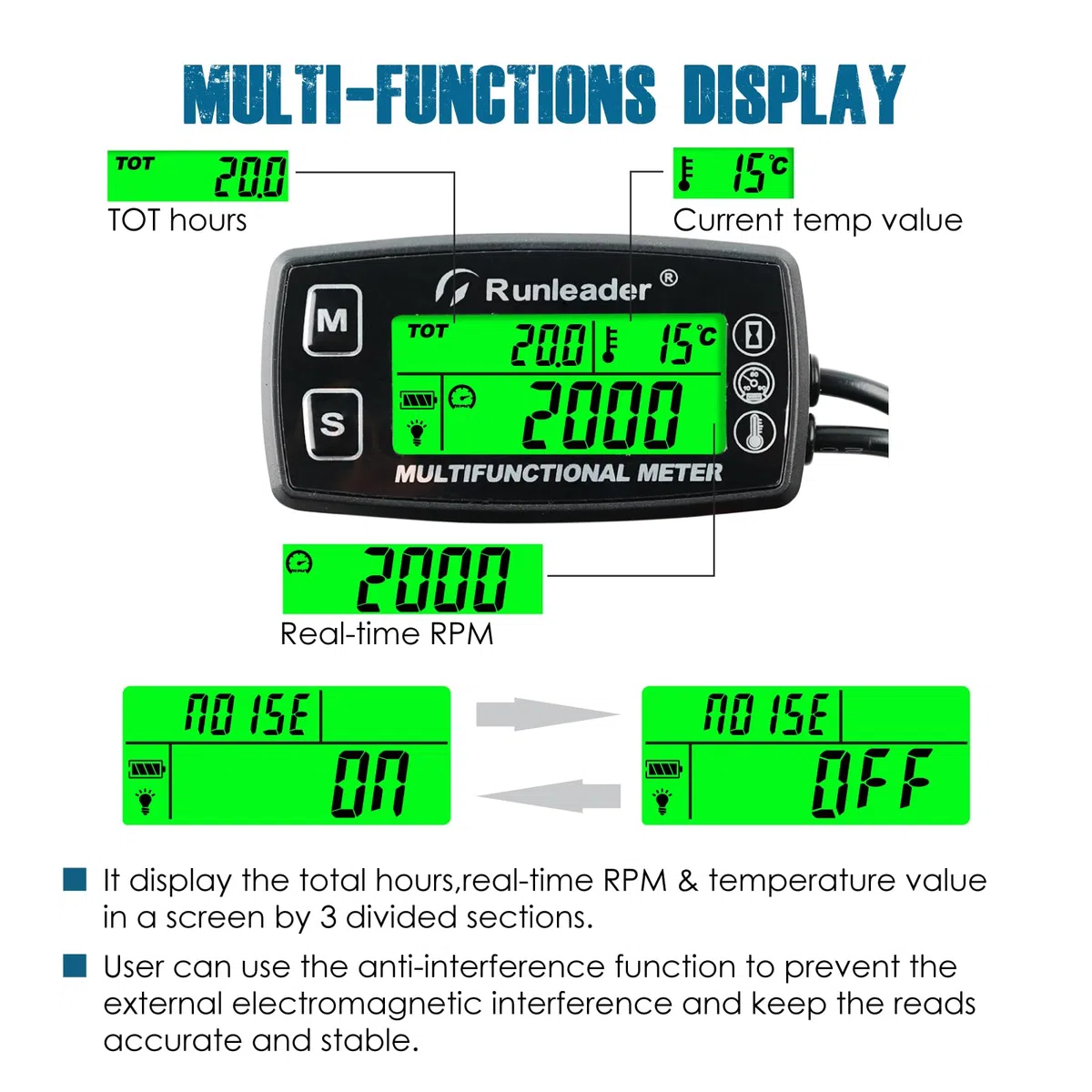 Runleader Indicador de Temperatura del Motor Digital, Tacómetro de Horas de Mantenimiento, Reemplazo de Batería y Fuente de Alimentación Externa de CC 5V a 30V para Motores de Gasolina,Cortacésped