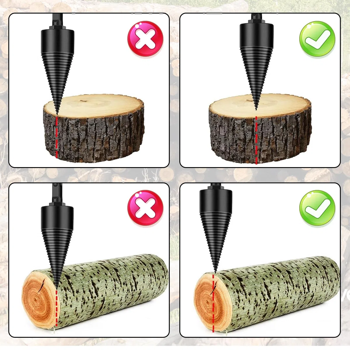 32+42 Mm Astilladora de Troncos Broca Cónica,Divisor de Leña,Madera Dividida Divisor para Taladro con 5 Mangos y un par de Guantes