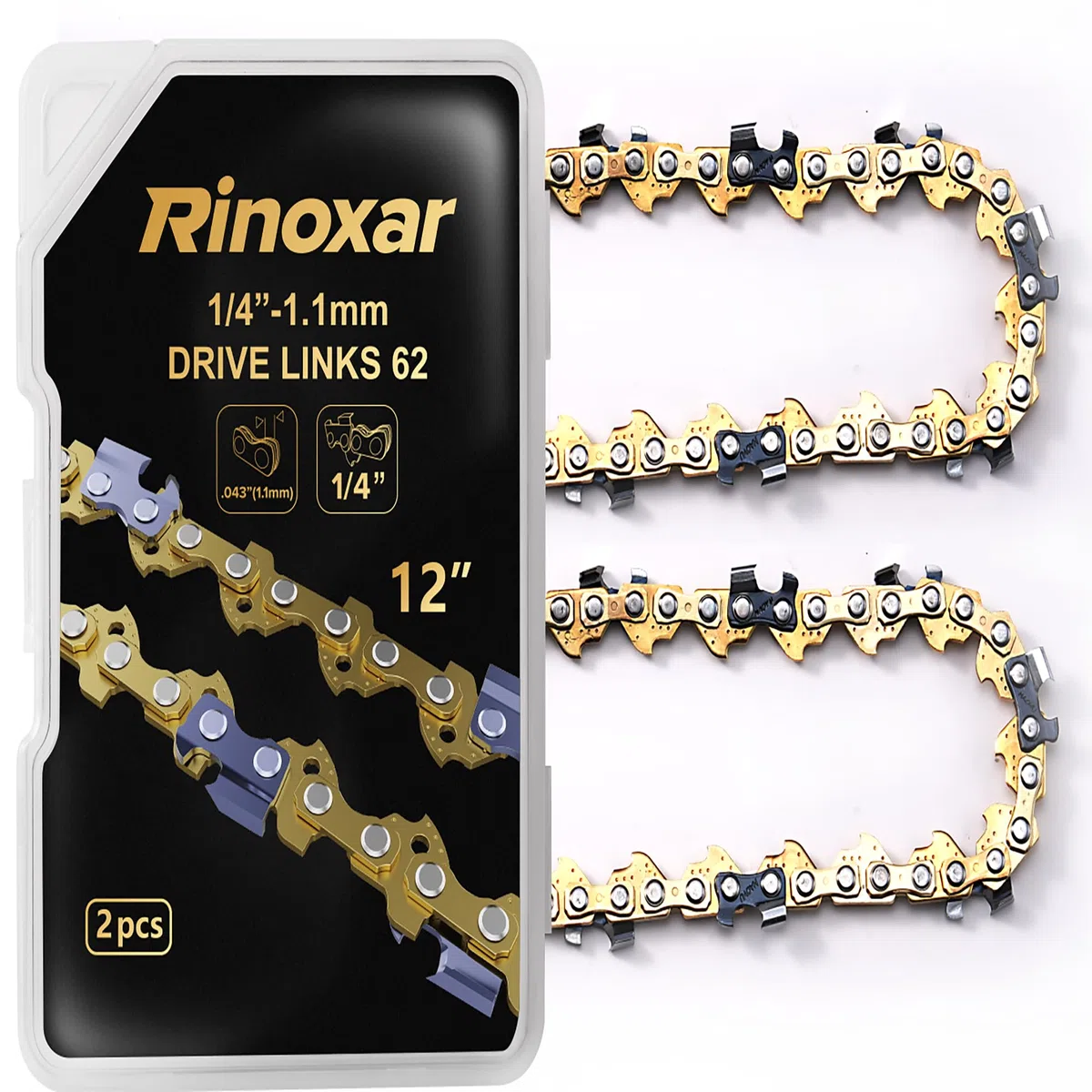 2 cadenas para motosierra de 12 pulgadas oro 2026 Upgrade, 1/4", 1,1 mm, 62 eslabones, alta precisión, compatibles con RINOXAR PowerCut X13