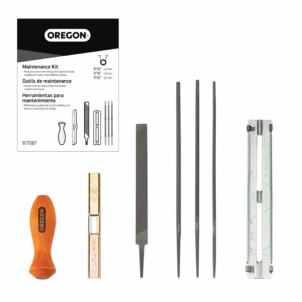 Oregon 617067 Kit Afilador para Cadena de Motosierra, Universal, Mango, Limitador de Profundidad y Funda, Incluye Limas Redondas de 4 mm, 4,8 mm y 5,5 mm, Lima Plana de 152 mm