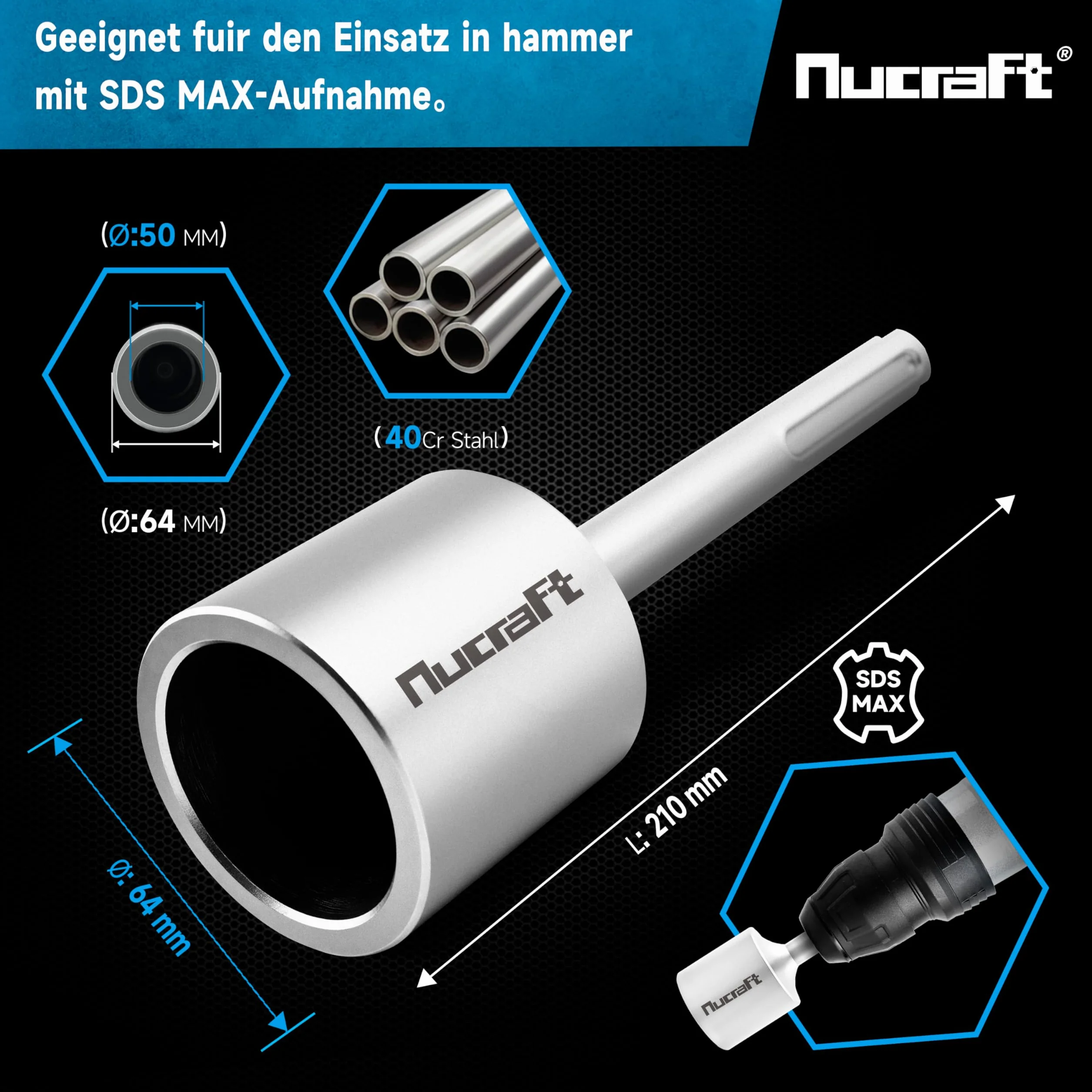 Nucraft Jack Hamme Star/estacas de madera Picket Post Driver Driver Stack Rama SDS MAX para insertar estacas de madera, 50 x 64 x 210 mm martillo
