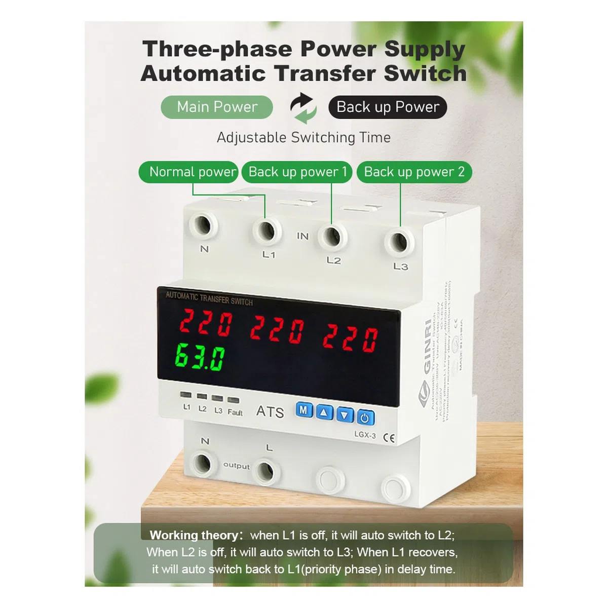 Interruptor de Transferencia Automática Trifásico ATS Solar 63A con Protector de Voltaje y Límite de Sobrecorriente – Conmutador de Fases 3F para Red y Energía Solar
